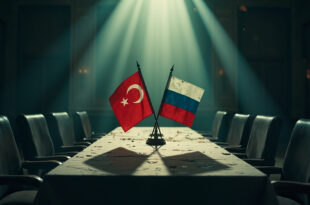 Abandoned diplomatic conference room with crossed flags on empty negotiation table, symbolizing geopolitical tensions