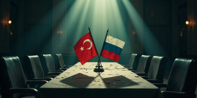 Abandoned diplomatic conference room with crossed flags on empty negotiation table, symbolizing geopolitical tensions