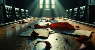 Torn diplomatic contracts and alliance documents scattered across an empty conference table in an abandoned chamber