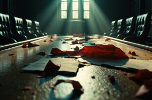 Torn diplomatic contracts and alliance documents scattered across an empty conference table in an abandoned chamber