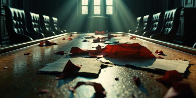 Torn diplomatic contracts and alliance documents scattered across an empty conference table in an abandoned chamber
