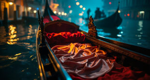 Empty ornate gondola with gold-trimmed silk pajamas draped over seat, floating on moonlit deep blue Venetian canal at night