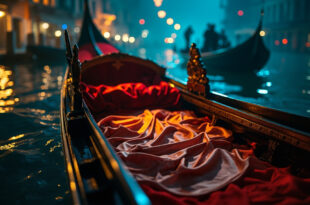 Empty ornate gondola with gold-trimmed silk pajamas draped over seat, floating on moonlit deep blue Venetian canal at night