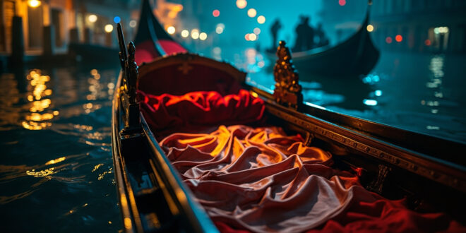 Empty ornate gondola with gold-trimmed silk pajamas draped over seat, floating on moonlit deep blue Venetian canal at night