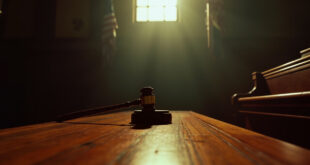 Judge's wooden gavel resting on sound block in empty courtroom with mahogany benches, symbolizing criminal justice