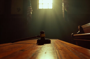 Judge's wooden gavel resting on sound block in empty courtroom with mahogany benches, symbolizing criminal justice