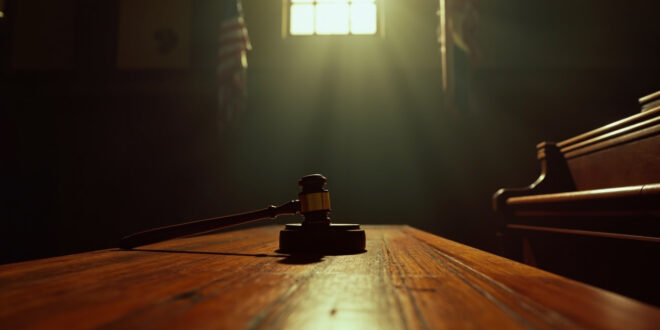 Judge's wooden gavel resting on sound block in empty courtroom with mahogany benches, symbolizing criminal justice