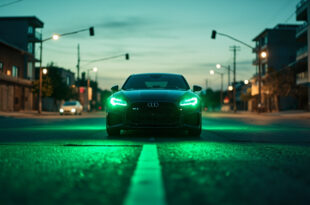 Unoccupied modern vehicle with glowing green front brake lights at a deserted urban intersection during dusk