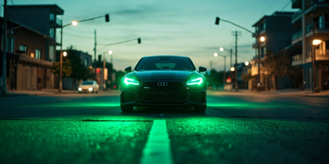 Unoccupied modern vehicle with glowing green front brake lights at a deserted urban intersection during dusk