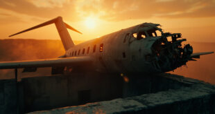 Twisted aircraft wreckage scattered across an empty rooftop at dusk, illuminated by orange light against charcoal gray sky