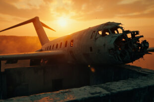 Twisted aircraft wreckage scattered across an empty rooftop at dusk, illuminated by orange light against charcoal gray sky