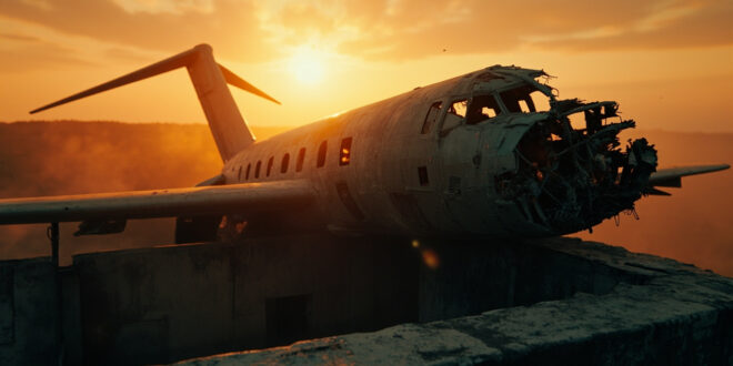 Twisted aircraft wreckage scattered across an empty rooftop at dusk, illuminated by orange light against charcoal gray sky