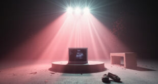 Abandoned sports arena with empty podium displaying ultrasound image and baby shoes on bench, set for pregnancy announcement