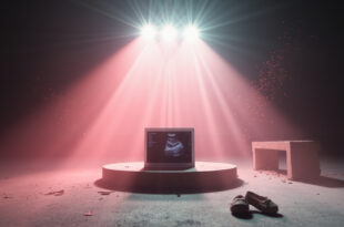 Abandoned sports arena with empty podium displaying ultrasound image and baby shoes on bench, set for pregnancy announcement