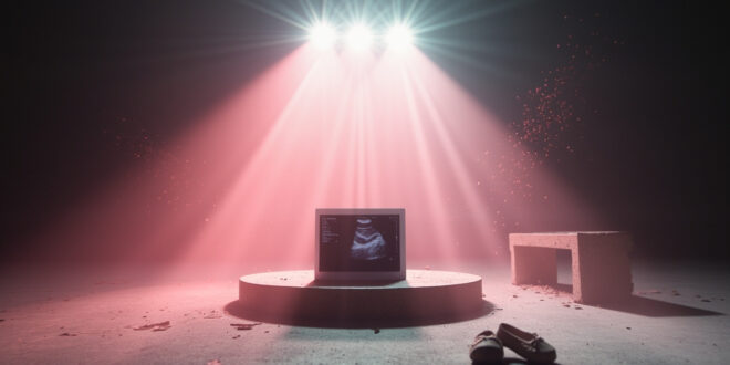 Abandoned sports arena with empty podium displaying ultrasound image and baby shoes on bench, set for pregnancy announcement