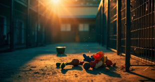 Empty dog kennel with scattered toys and abandoned water bowl in deserted animal shelter courtyard