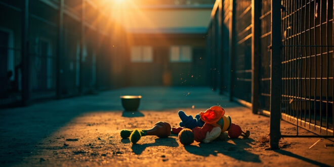 Empty dog kennel with scattered toys and abandoned water bowl in deserted animal shelter courtyard
