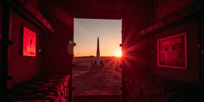 Abandoned ballistic missile standing solitary in dimly lit launch silo at dusk, bathed in red warning lights and gray shadows.