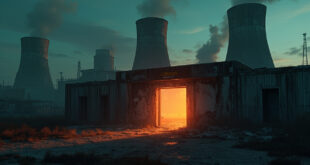 Abandoned nuclear facility cooling towers loom in a desolate industrial complex at dusk, with damaged bunker entrance