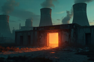 Abandoned nuclear facility cooling towers loom in a desolate industrial complex at dusk, with damaged bunker entrance