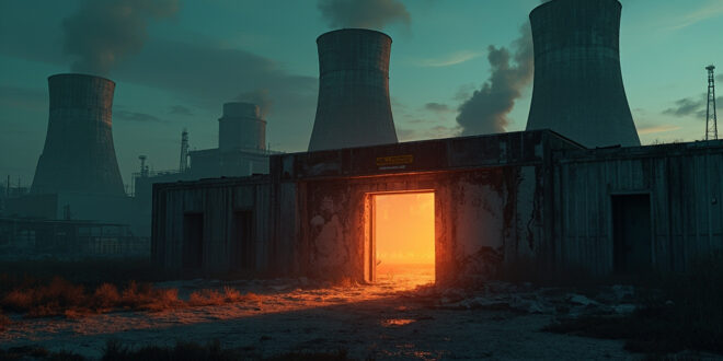 Abandoned nuclear facility cooling towers loom in a desolate industrial complex at dusk, with damaged bunker entrance