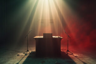 Abandoned war room at dawn with countdown clock, scattered documents on negotiation table, and empty podium with microphones
