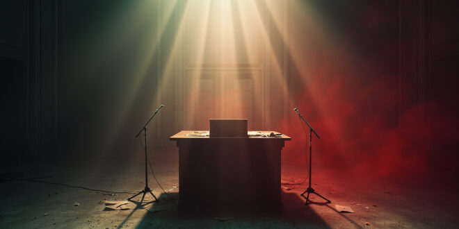 Abandoned war room at dawn with countdown clock, scattered documents on negotiation table, and empty podium with microphones