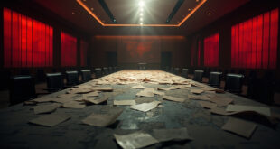 Abandoned diplomatic conference hall with scattered nuclear treaty documents on an empty negotiation table with world maps.