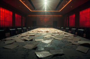 Abandoned diplomatic conference hall with scattered nuclear treaty documents on an empty negotiation table with world maps.
