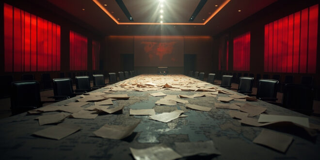 Abandoned diplomatic conference hall with scattered nuclear treaty documents on an empty negotiation table with world maps.