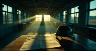 Empty military helmet beside unopened recruitment documents in abandoned German barracks at dusk