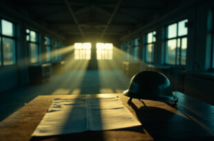 Empty military helmet beside unopened recruitment documents in abandoned German barracks at dusk