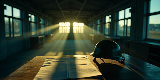 Empty military helmet beside unopened recruitment documents in abandoned German barracks at dusk