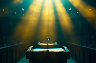 Empty podium with energy policy documents and charts in a vacant parliamentary chamber, highlighted by blue and yellow lighting