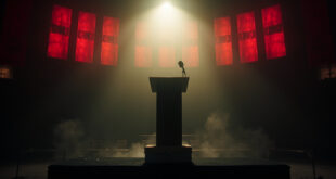 Empty podium with abandoned microphone in deserted conference hall, parliamentary chairs vacant beside lone ballot box