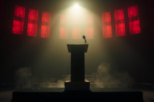 Empty podium with abandoned microphone in deserted conference hall, parliamentary chairs vacant beside lone ballot box