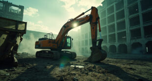 Heavy construction machinery working to rebuild a damaged nuclear facility in a barren industrial landscape