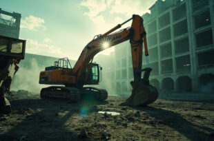 Heavy construction machinery working to rebuild a damaged nuclear facility in a barren industrial landscape