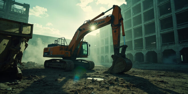 Heavy construction machinery working to rebuild a damaged nuclear facility in a barren industrial landscape