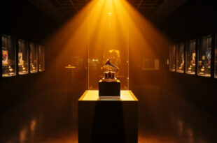 Illuminated Grammy award trophy and music memorabilia displayed in spotlit glass cases within an empty museum gallery