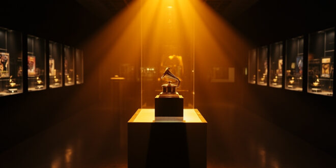 Illuminated Grammy award trophy and music memorabilia displayed in spotlit glass cases within an empty museum gallery