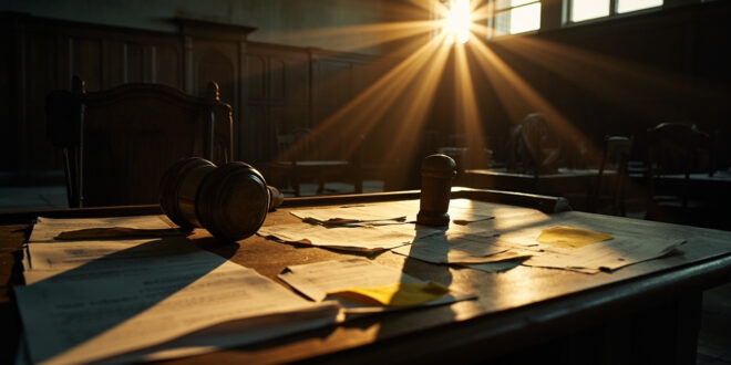 Abandoned courtroom at dusk with evidence documents scattered across judge's bench and wooden gavel on desk