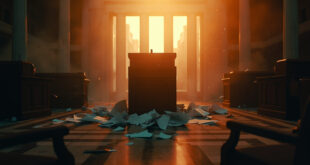 Empty legislative chamber with overturned chairs and scattered papers at abandoned podium in deserted state capitol at dawn