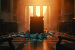 Empty legislative chamber with overturned chairs and scattered papers at abandoned podium in deserted state capitol at dawn