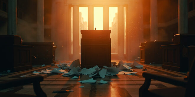 Empty legislative chamber with overturned chairs and scattered papers at abandoned podium in deserted state capitol at dawn