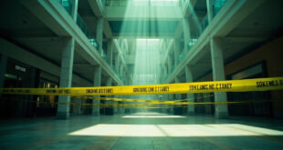 Deserted shopping mall cordoned off with yellow police tape after evacuation, stark white lighting highlighting empty stores