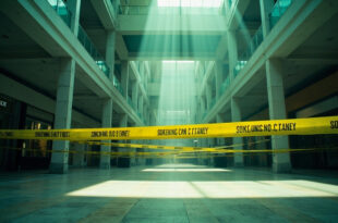 Deserted shopping mall cordoned off with yellow police tape after evacuation, stark white lighting highlighting empty stores