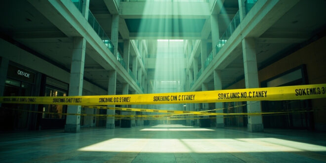 Deserted shopping mall cordoned off with yellow police tape after evacuation, stark white lighting highlighting empty stores