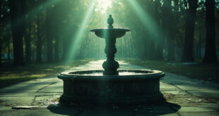 Abandoned stone fountain in an empty urban park with pathways, captured in somber gray and muted green tones