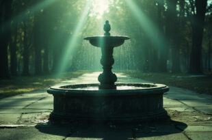 Abandoned stone fountain in an empty urban park with pathways, captured in somber gray and muted green tones